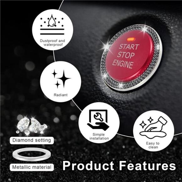 Car Start Button Bling Rhinestone Diamond Button Ring 2-Pack Double Glossy Black - Picture 5 of 7